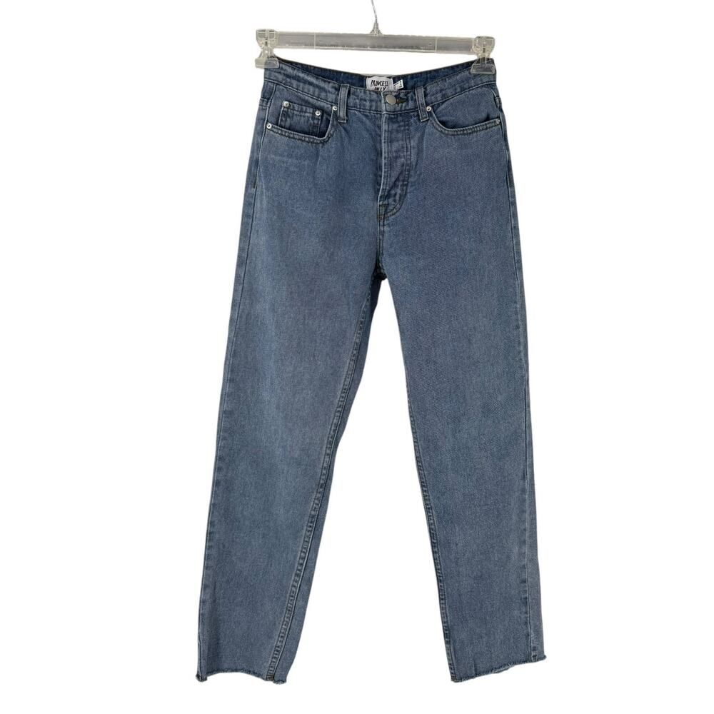 Princess Polly Jeans Size 4 Straight Leg Raw Hem Button Fly High Rise Blue Denim